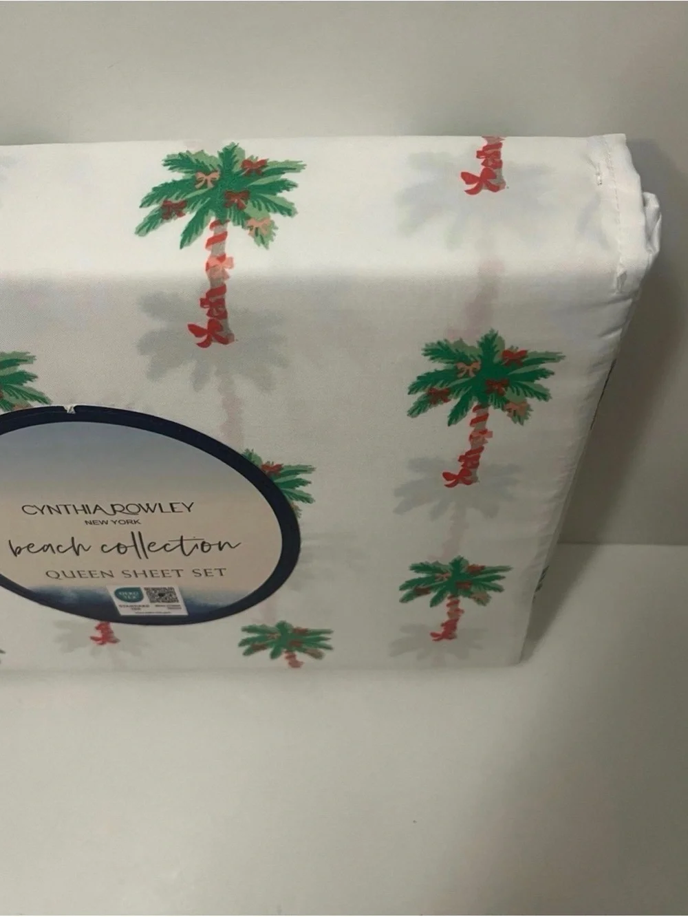 Cynthia Rowley Beach Collection Queen Size Sheet Set Bows on Palm Trees